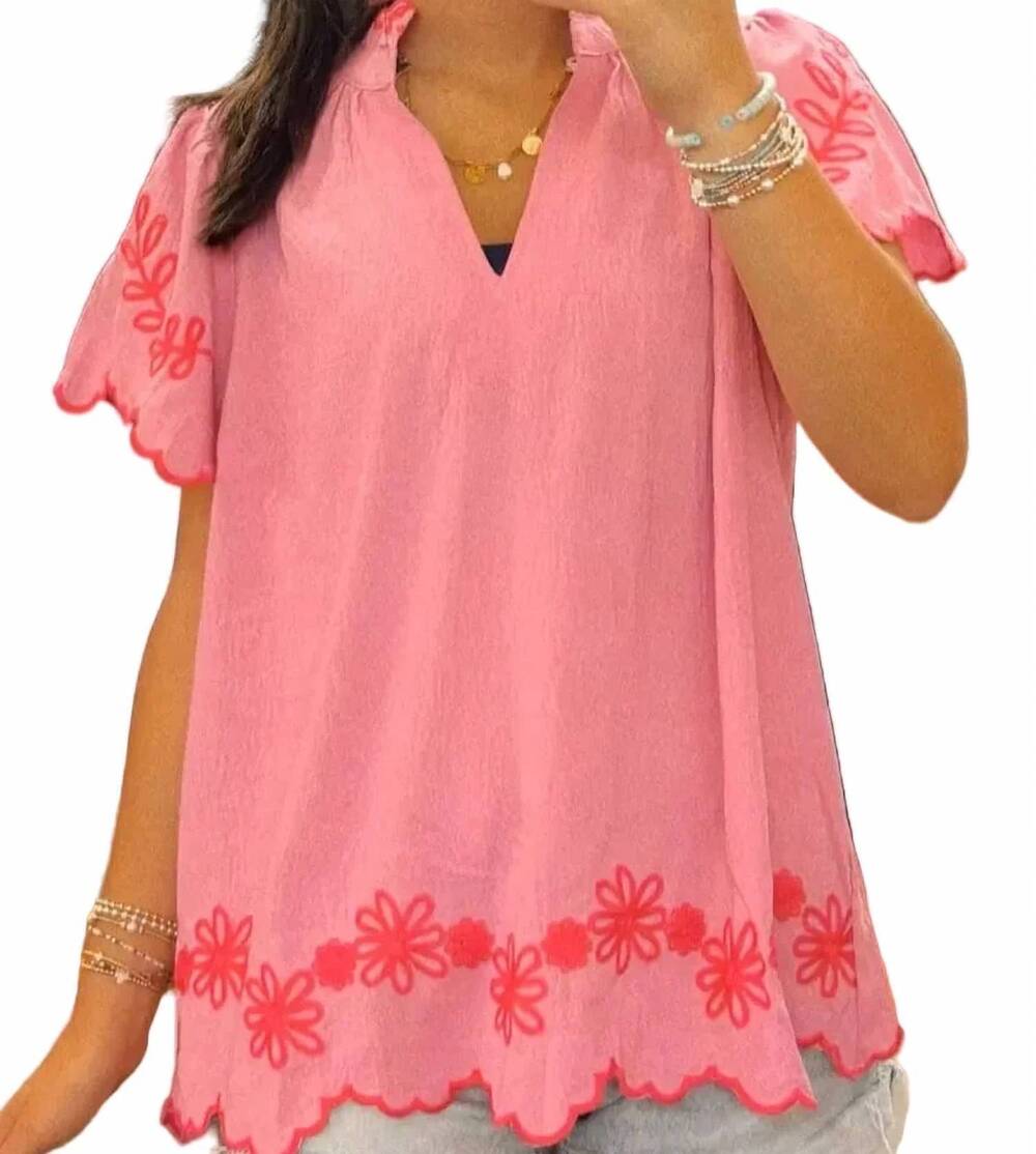 NEW ENTRO women's stacy floral embroidered top in pink